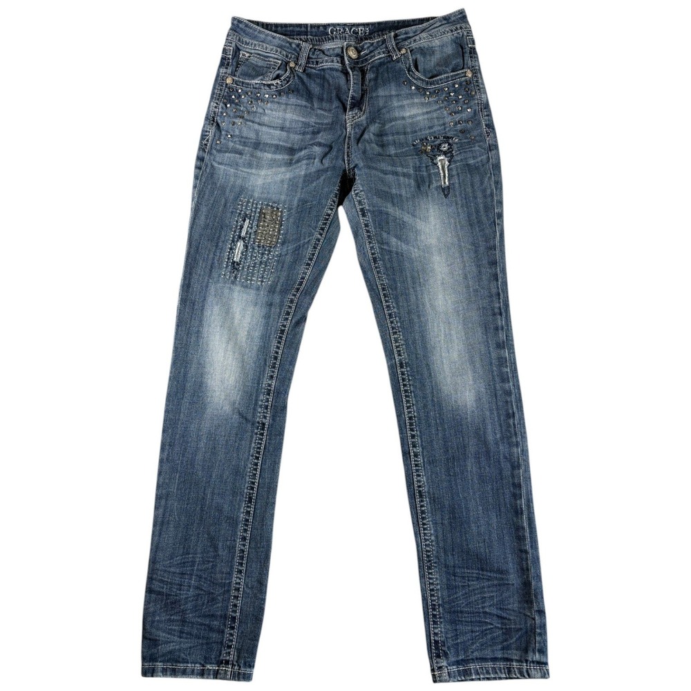 Grace in LA Jeans Womens 28 Blue Distressed Straight Y2K Western Cowboy Studded
